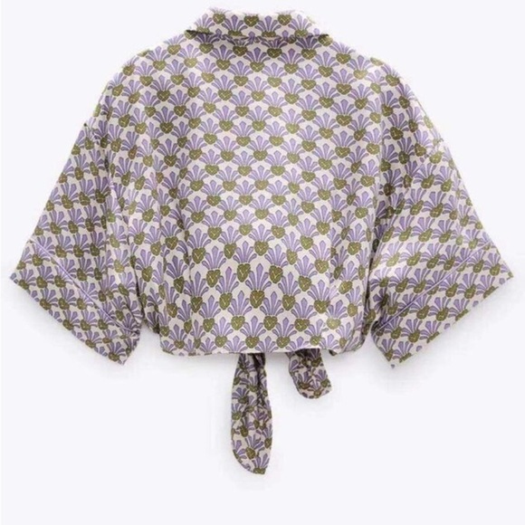 Zara Pineapple Satin Tie Front Top Small - Picture 3 of 9